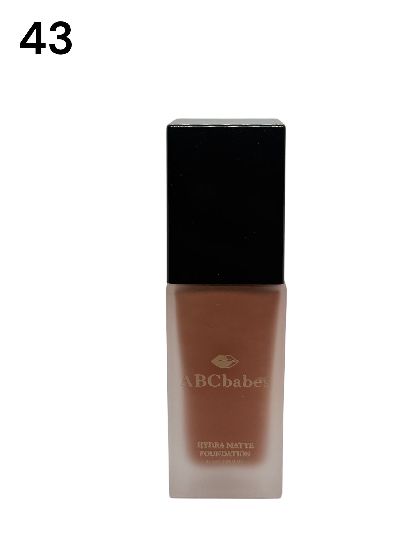ABCbabes deep tan shade 43 with warm undertones, hydra matte finish liquid foundation.